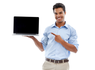 Isolated businessman, laptop screen and point in portrait, smile or mockup space by transparent png background. Indian business man, show computer and mock up with tech, promotion and web design job