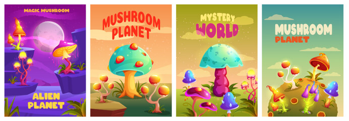 Fantastic mushrooms posters. Mystery magic space fungus planet background, bizarre alien mushroom flyer and groovy psychedelic trippin sticker vector illustration set