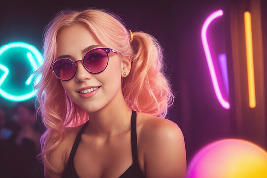 Beautiful blonde girl in a top and shorts and sunglasses at a party in a nightclub dances relaxing and having fun under neon multicolored light. Generative AI