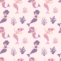 Seamless childish pattern with cute mermaids. Creative kids texture for fabric, wrapping, textile, wallpaper, apparel. Vector illustration