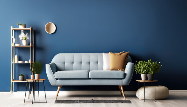 Interior of cozy modern living room with sofa against blank, dark blue wall. Generative AI