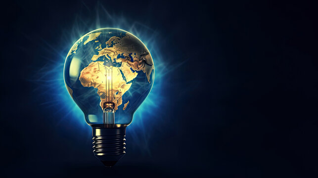 Incandescent light bulb overlaid on world map in shades of blue against dark blue backdrop, symbolizing global restructuring, energy crisis, and blackouts. Banner with copy space