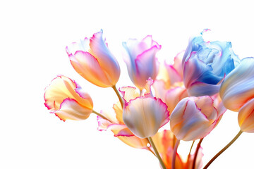 Beautiful bouquet of dream tulip flowers, pastel colors, transparent material, petals like glass, 3D cartoon style, 3D effects, soft texture, pastel color, white background. AI Generative. 