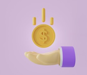 Hand holding coin dollar on purple background.3D online payment concept.Saving money,business and finance,income,earnings.3d render illustration