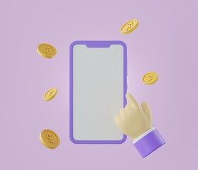 Hand holding smartphone screen and coin dollar on purple background.Money mobile banking and financial.Cash back and digital banking.Mobile online payment concept.Empty copy space.3D render