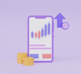 Stock trading on smartphone.Cryptocurrency trend on mobile phone.Graph investment growing up icon on purple background.coin dollar.Percentage of earnings in stocks and funds.3d render,illustration.