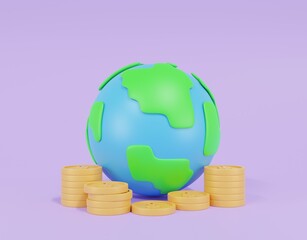 3D world with golden currency coins dollar icon on purple background.Symbol global earth dollar sign world money concept.savings and business,cryptocurrency.Earth and globe.3D render,Illustration.
