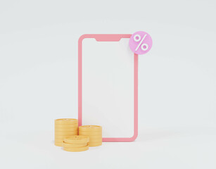 Coin dollar and smartphone screen on white background.mobile banking.Business and financial.Cash back and digital banking.Mobile online payment concept.Empty copy space.mobile application.3D render
