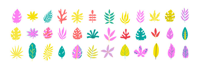 Fototapeta na wymiar Big set of tropical abstract leaves. Exotic plants, monstera. Trendy colorful foliage clipart collection. Summer time vibes. Great for decorating, branding, templates, scrapbooking and more. Stickers