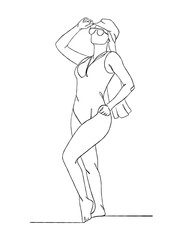 Continuous one line drawing of beautiful girl in swimsuit illustration. Vector illustration.