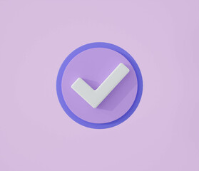 3D check mark button icon on isolated purple background.Like and correct symbol.checklist icon or checkmark button.3D rendering,illustration
