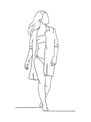 Continuous one line drawing of beautiful girl in swimsuit illustration. Vector illustration.