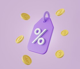 3D percent symbol and coins dollar icon on isolate purple background.Business percentage symbol.online sales concept Profitable business,finance and discount card.3D rendering,Illustration