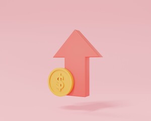 3D red arrow up and coin dollar stacks icon concept on pink background.Symbol of goals in investing.Savings and business.Money management.Saving and money growth concept.3d render illustration