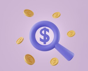 3D blue magnifying glass with golden dollar coin on purple background.Symbol of goals in investing.savings and business.money management.Saving and money growth concept.3D render,Illustration.
