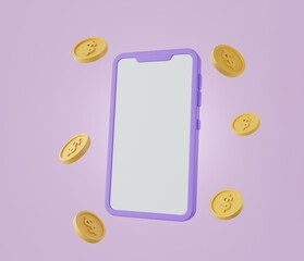 3D coin dollar and smartphone screen on purple background.mobile banking.money and financial.Cash back and digital banking.Mobile online payment concept.Empty copy space.mobile application.3D render