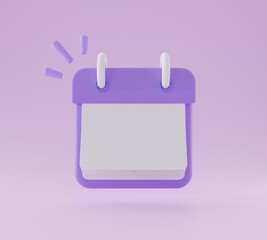 Calendar icon or calender sheet Isolated on purple background.Blue calendar events plan concept.work planning daily.Planning notebook with space to take notes.3D rendering,illustration