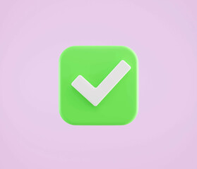 check mark button.3D check mark button icon on isolated green background.Like and correct symbol.checklist icon or checkmark button.3D rendering,illustration