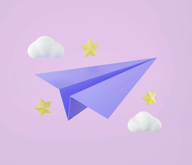 3D paper airplane icon on purple isolated green background.Social media online icon.Origami paper plane,Send message.3D rendering,illustration