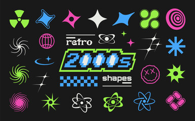 Trendy set of Y2k elements for graphic design. Geometric brutalism shapes, memphis graphic elements. Star shapes, symbols and metaballs in y2k style.