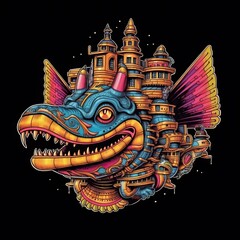 Monster Spaceship. Flying Kaiju monster. Cartoon magic monster spaceship in the Kaiju style. Illustration for t-shirt, gifts, greeting card and other promo materials. Generative AI