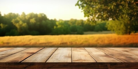 empty wooden table blurred wheat, flower field in the background. with Generative AI