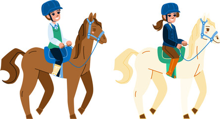 horseback riding kid vector. girl animal, sport child, ride equestrian, nature pony, happy little horseback riding kid character. people flat cartoon illustration
