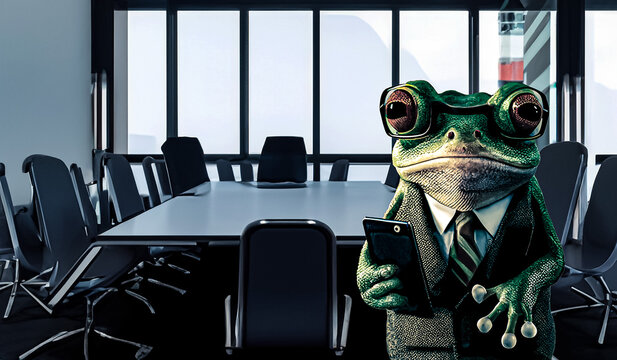 frog with business suit and mobile  at meeting room
