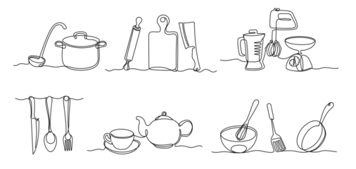 Fototapete Eine Linie One line food restaurant emblems. Cutlery, teapot with cup, cooking utensil and kitchen tools continuous linear vector illustration set