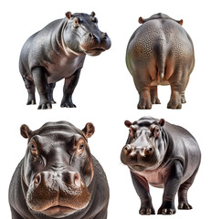 Hippo hippopotamus, many angles and view portrait side back head shot isolated on transparent background cutout , PNG file,	 - obrazy, fototapety, plakaty