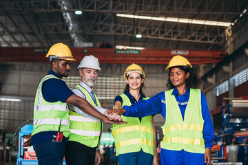 Team engineers and foreman stack hand and shake hands to show success at factory machines. Worker...