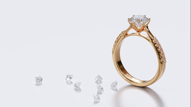 3D render Gold diamond ring design in studio lights with diamonds scattered on the floor with atmospheric concept in a jewelry store.