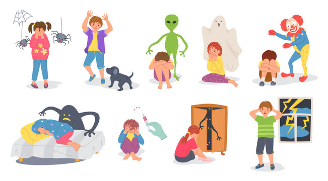 Scared kids. Frightened children, child fears and emotional wellbeing cartoon vector illustration set