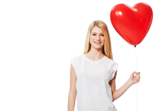 Heart balloon, portrait and happy woman or girl with valentines day emoji, self love or winning. Holiday, red celebration and young person with party balloons isolated on transparent, png background