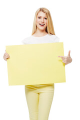 Poster, wow and portrait with woman pointing to advertising space of gen z news, sale or teenager mockup. Surprise, happy model or girl with yellow presentation isolated on transparent png background