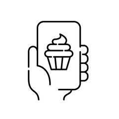 Pastry food delivery app. Cupcake with frosting on smartphone screen. Hand holding a phone. Pixel perfect, editable stroke simple icon