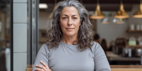 Fototapeta premium Lifestyle portrait of woman wearing basic long sleeved gray shirt with cafe environment background, Generative AI