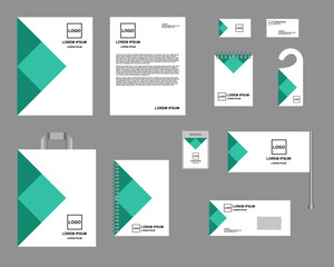 Identity, corporate style. Set of templates for design, vector. Green and white color, design with squares and triangles. Form, notepads, business cards, envelope, flag.