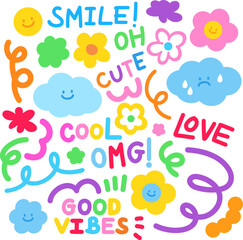 Colourful, happy and cute elements of smile faces, cloud, good vibe text, flowers, rainbow abstract doodles. It can be used for sticker, logo, icon, decoration, banner, social media post, print, ads