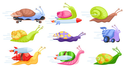 Cartoon fast snails. Turbo rocket fast-moving snail, playful gastropod on skateboard, slow run and humorous race vector illustration set - obrazy, fototapety, plakaty