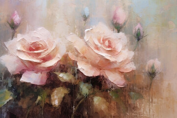 Subtly acrylic textured rose painted flowers light moody background, hight quality illustration of paint. AI Generative