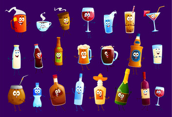 Happy drink and beverage characters. Vector tea or coffee cups and wine glass, water, cola or soda. Cocktail, milk, rum or tequila, pulque and champagne bottle. Brandy, coconut juice, beer tankard - obrazy, fototapety, plakaty