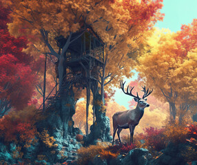 deer in the autumn forest. Generative AI image.