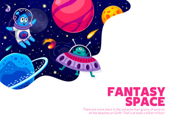 Space poster, cartoon ufo saucer and alien in starry galaxy. Astronomy science and galaxy travel, cosmos discovery vector banner with funny alien astronauts characters flying in UFO saucer and planets © Vector Tradition