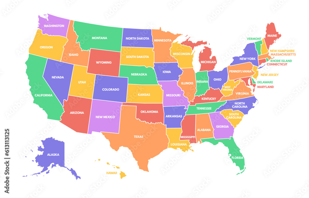 Wall mural colorful usa map. united states of america regions with different colors and names for travel and ge