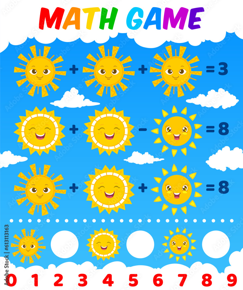 Poster math game worksheet. cartoon sun characters. children education game, addition and subtraction puzzl