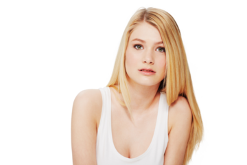 Portrait, skincare and serious blonde woman isolated on a transparent png background. Face, natural beauty or female model with cosmetic in spa facial treatment for aesthetic, wellness or skin health