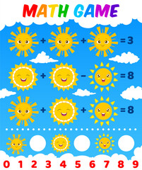 Math game worksheet. Cartoon sun characters. Children education game, addition and subtraction puzzle, vector mathematical quiz or riddle with happy smiling and laughing faces of sun personages