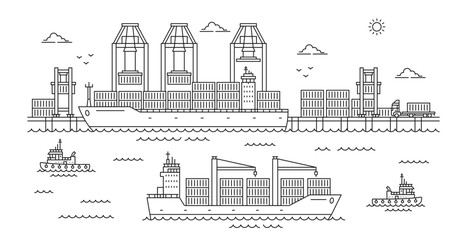 Obraz premium Seaport landscape, maritime shipment hub outline background. Container transportation, world trade logistics and port infrastructure thin line vector concept with cranes and ships in harbor wharf