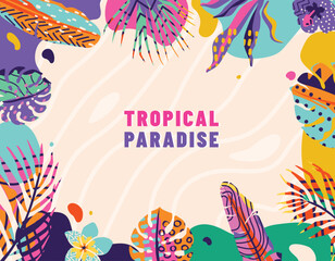 Fototapeta na wymiar Tropic frame vector background. Summer border with textured palm
